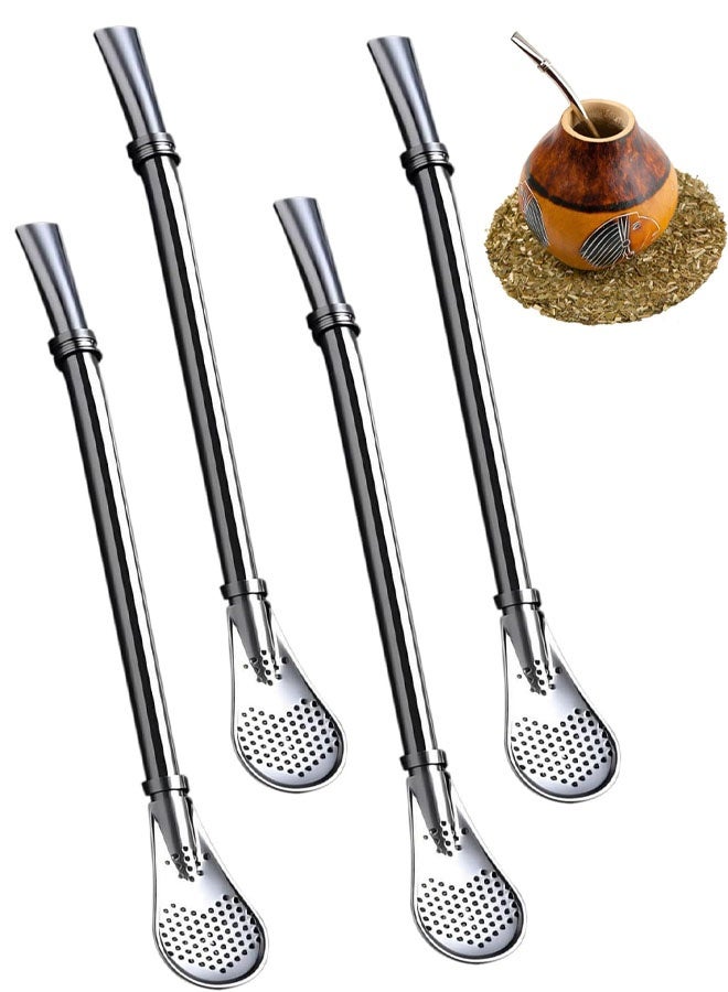 Yerba Mate Straws, 4 Pcs Reusable Tea Coffee Cocktail Stainless Steel Bent Smooth Flow Drinking Stir Filter Spoon Straws with Cleaning Brush (silver) - Image 1